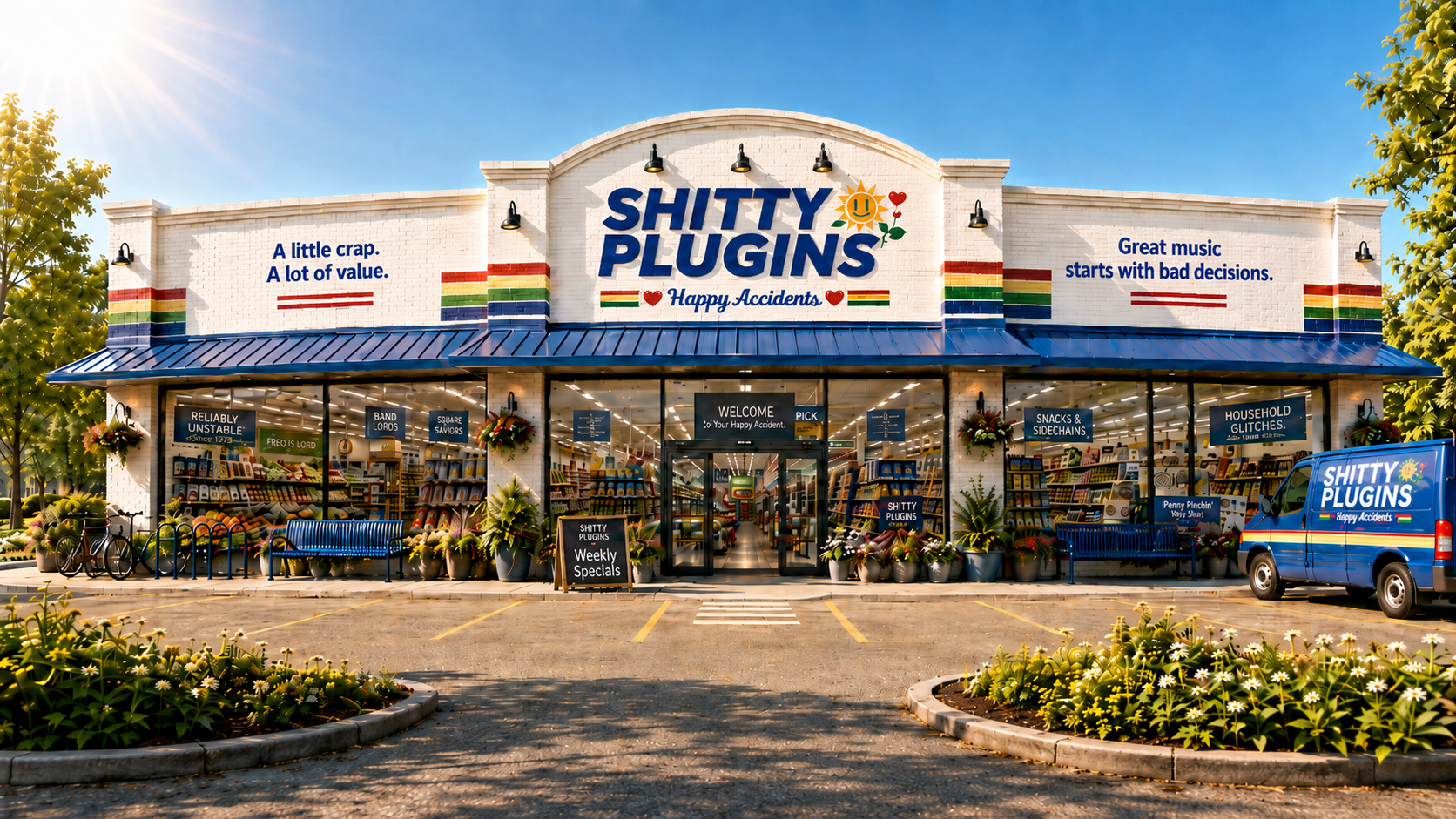 The Shitty Plugins supermarket seen from the parking lot on a bright day
