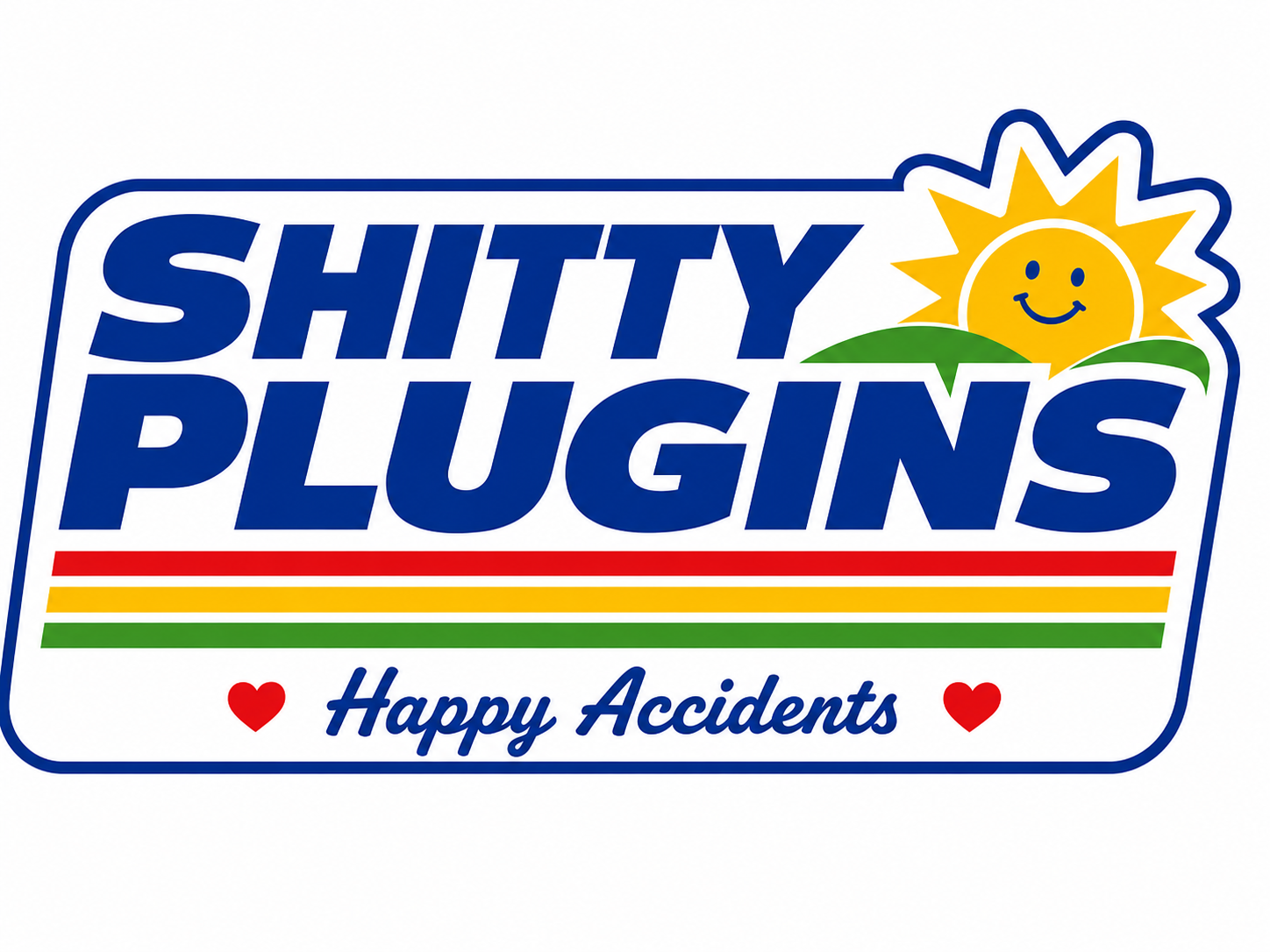 Shitty Plugins logo with sun and hearts, Happy Accidents tagline